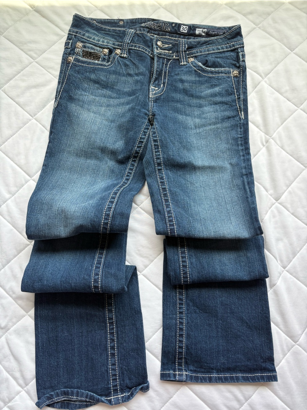 Miss Me Rhinestone Flap Pocket Bootcut Jeans